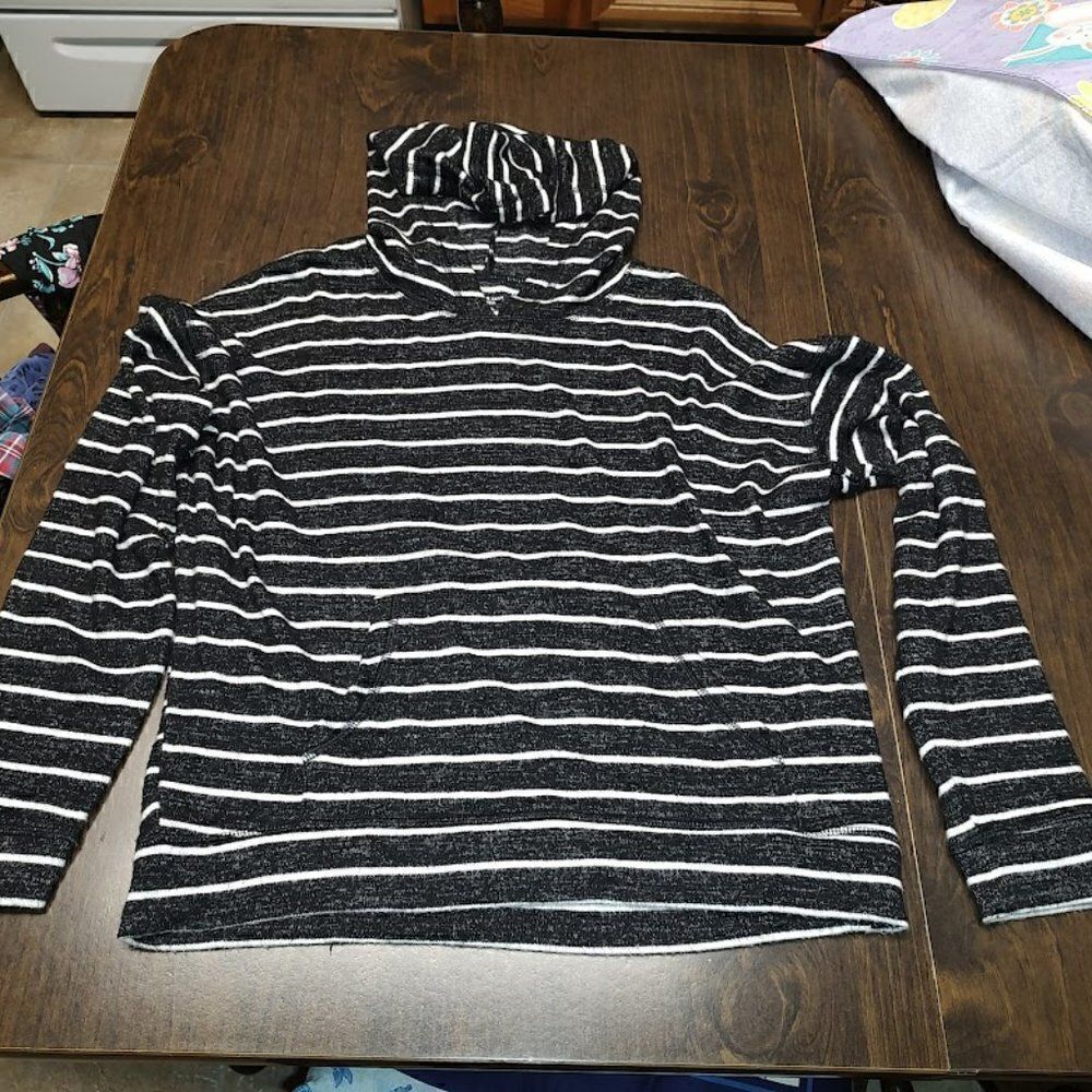 American Eagle Black White Striped Soft & Sexy Plush Hooded Top Women's Small